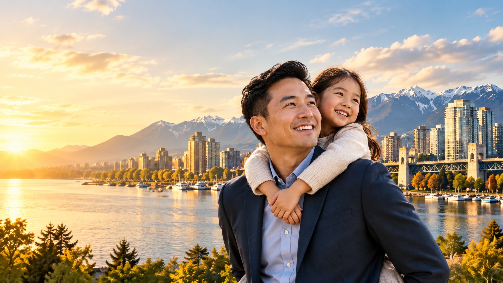 Father and daughter overlooking Vancouver